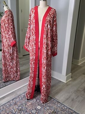 Red & White Printed Long Kimono Robe Chiffon